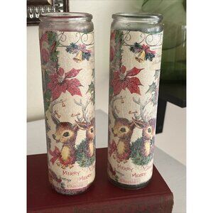 Vintage Style 2 Sugar Frosted Glass Pillar Candle Nostalgic Christmas Reindeer